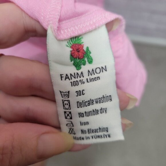 Fanm Mon Pink 100% Linen Dress Size S Short Sleeve Embroidered Floral Cottage - Picture 5 of 9